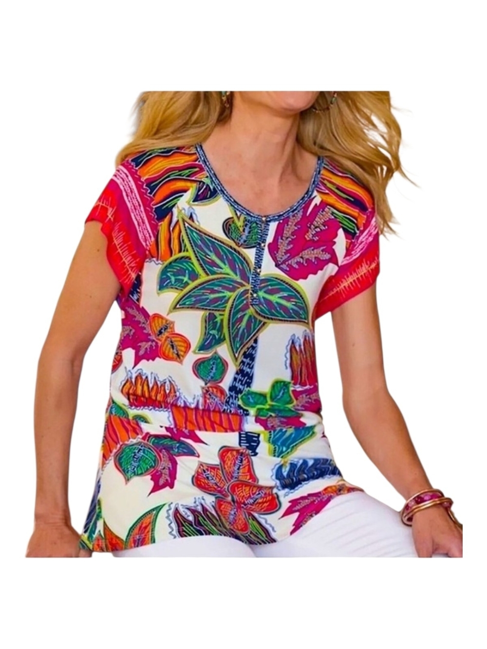 Soft Surroundings Tigerwood Placed Print Tunic Top in Ecru Multi - Picture 2 of 9